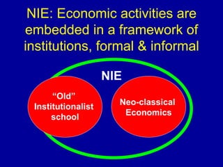 NIE: Economic activities are embedded in a framework of institutions, formal & informal “ Old”  Institutionalist  school Neo-classical  Economics NIE 