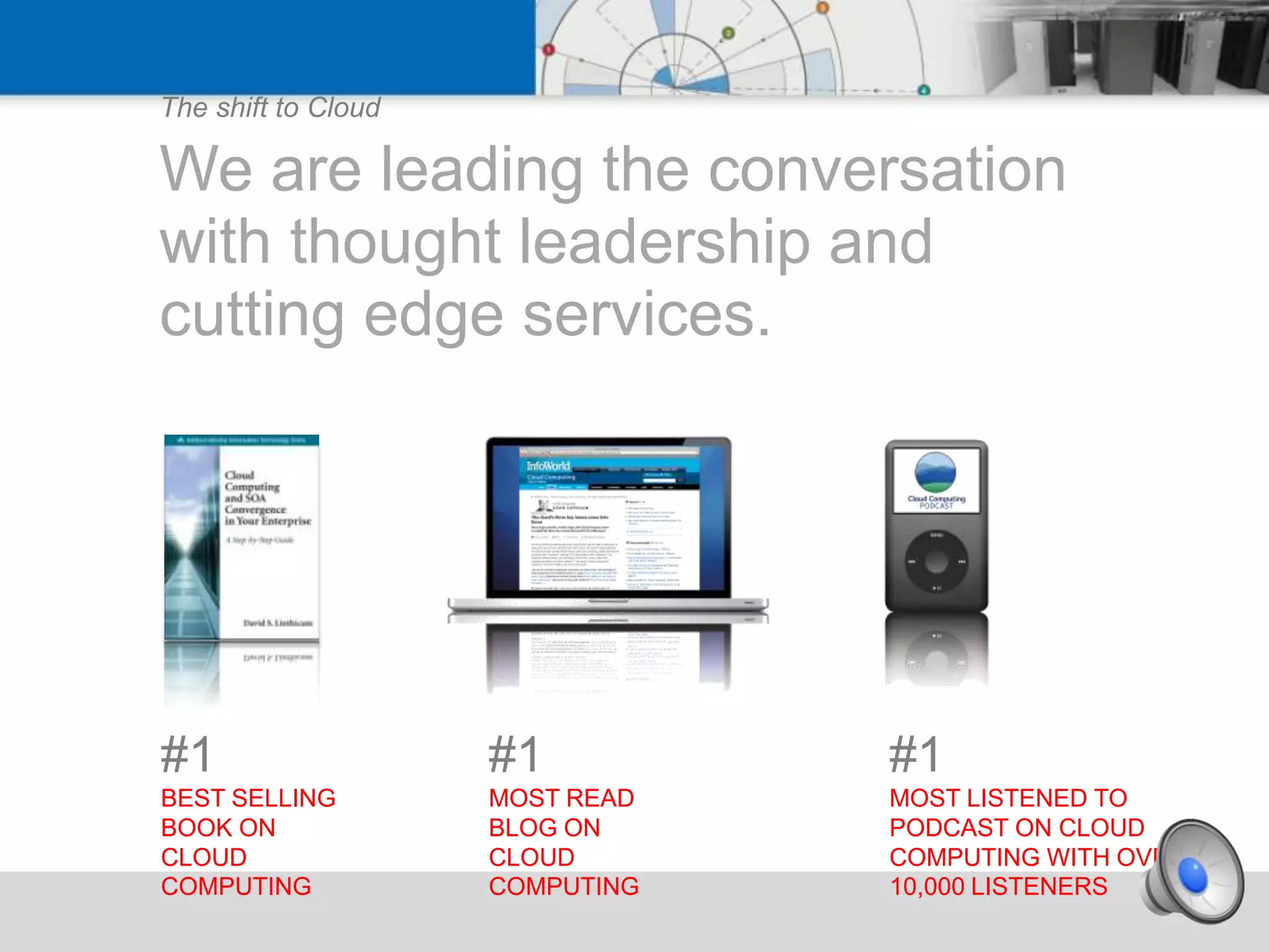 The shift to Cloud

We are leading the conversation
with thought leadership and
cutting edge services.




#1                   #1          #1
BEST SELLING         MOST READ   MOST LISTENED TO
BOOK ON              BLOG ON     PODCAST ON CLOUD
CLOUD                CLOUD       COMPUTING WITH OVER
COMPUTING            COMPUTING   10,000 LISTENERS
 