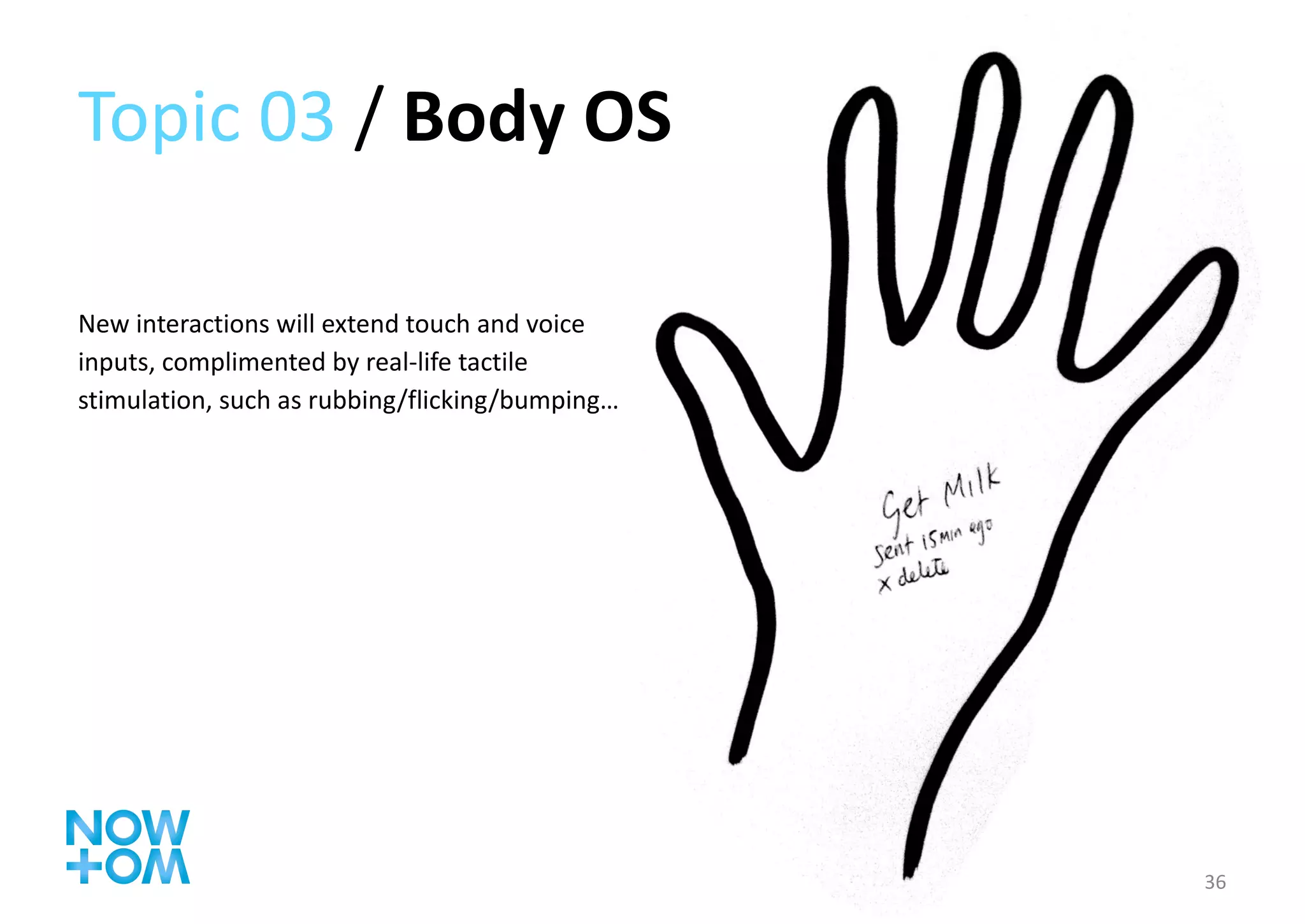 Topic 03  /  Body OS  New interactions will extend touch and voice inputs, complimented by real-life tactile stimulation, such as rubbing/flicking/bumping… 