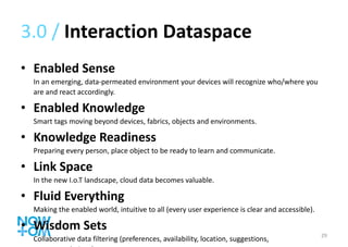 3.0 /  Interaction Dataspace Enabled Sense In an emerging, data-permeated environment your devices will recognize who/where you are and react accordingly. Enabled Knowledge Smart tags moving beyond devices, fabrics, objects and environments. Knowledge Readiness Preparing every person, place object to be ready to learn and communicate. Link Space In the new I.o.T landscape, cloud data becomes valuable. Fluid Everything Making the enabled world, intuitive to all (every user experience is clear and accessible). Wisdom Sets Collaborative data filtering (preferences, availability, location, suggestions, recommendations). 