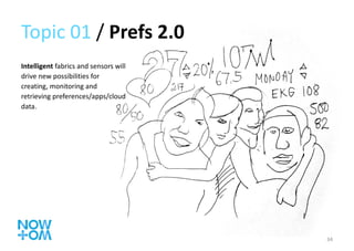 Topic 01  /  Prefs 2.0 Intelligent  fabrics and sensors will drive new possibilities for creating, monitoring and retrieving preferences/apps/cloud data. 