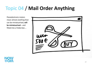 Topic 04  /  Mail Order Anything  Piezoelectronic motors mean almost anything than can be miniatuarised,  will be miniatuarised  – and fitted into a Fedex box … 