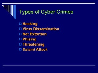 Types of Cyber Crimes Hacking Virus Dissemination Net Extortion Phising Threatening Salami Attack 