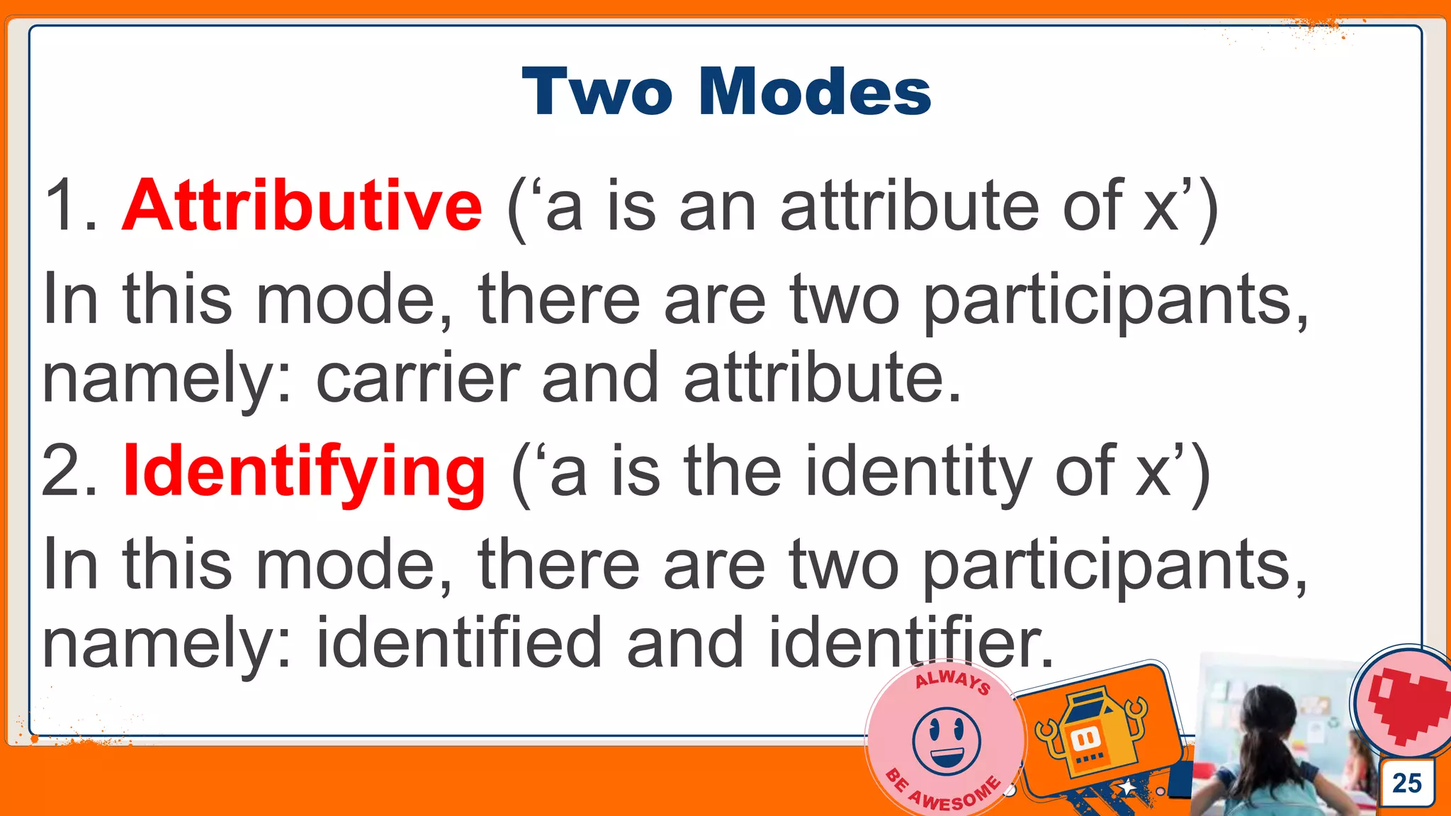 Jens Martensson
Two Modes
1. Attributive (‘a is an attribute of x’)
In this mode, there are two participants,
namely: carrier and attribute.
2. Identifying (‘a is the identity of x’)
In this mode, there are two participants,
namely: identified and identifier.
25
 
