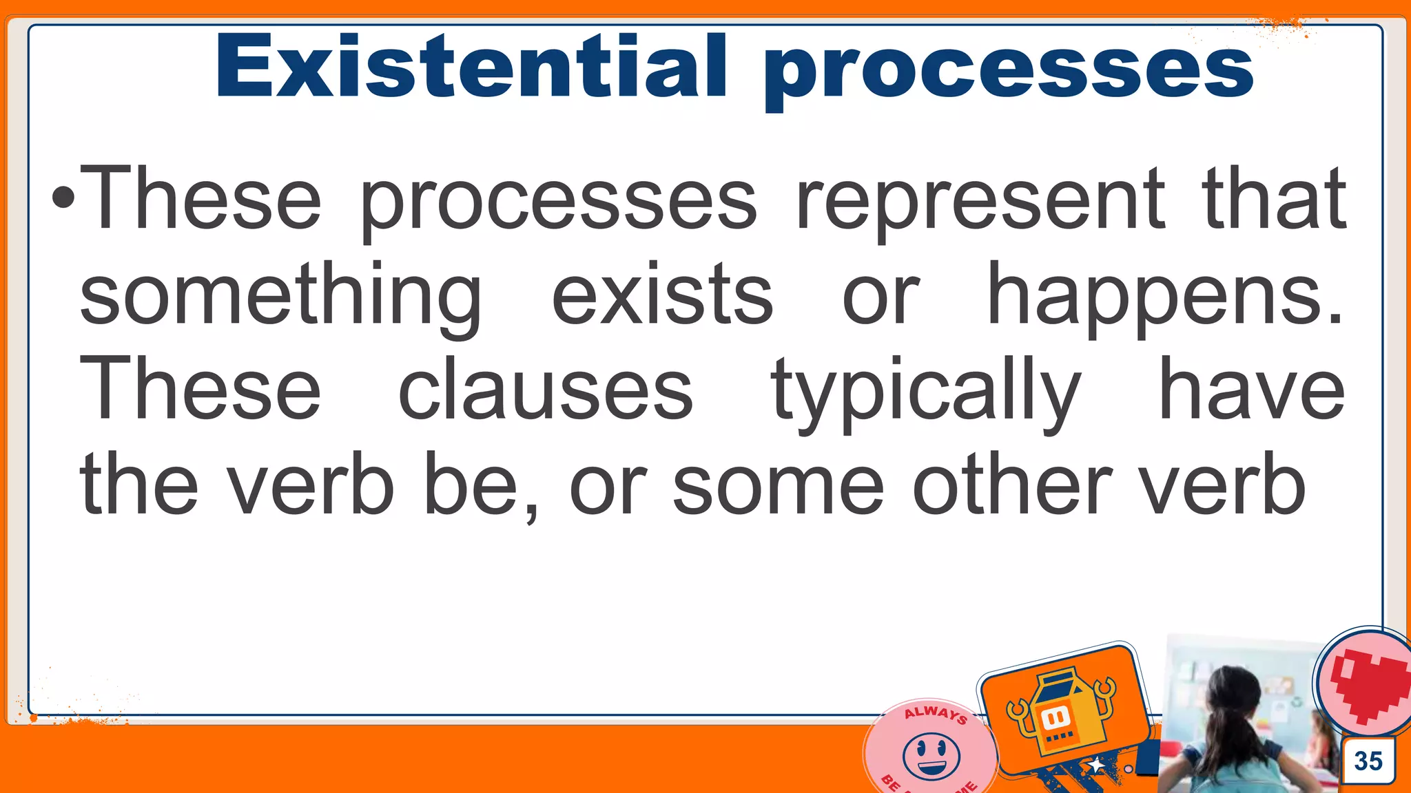 Jens Martensson
Existential processes
•These processes represent that
something exists or happens.
These clauses typically have
the verb be, or some other verb
35
 