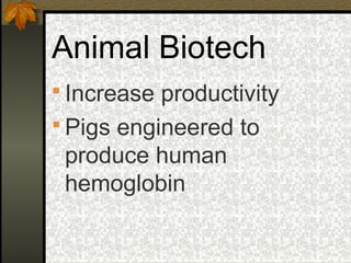 Animal Biotech
 Increase productivity
 Pigs engineered to
 produce human
 hemoglobin
 