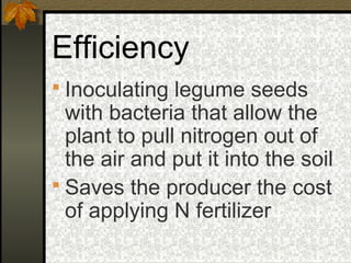 Efficiency
 Inoculating legume seeds
  with bacteria that allow the
  plant to pull nitrogen out of
  the air and put it into the soil
 Saves the producer the cost
  of applying N fertilizer
 