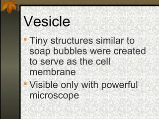 Vesicle
 Tiny structures similar to
  soap bubbles were created
  to serve as the cell
  membrane
 Visible only with powerful
  microscope
 