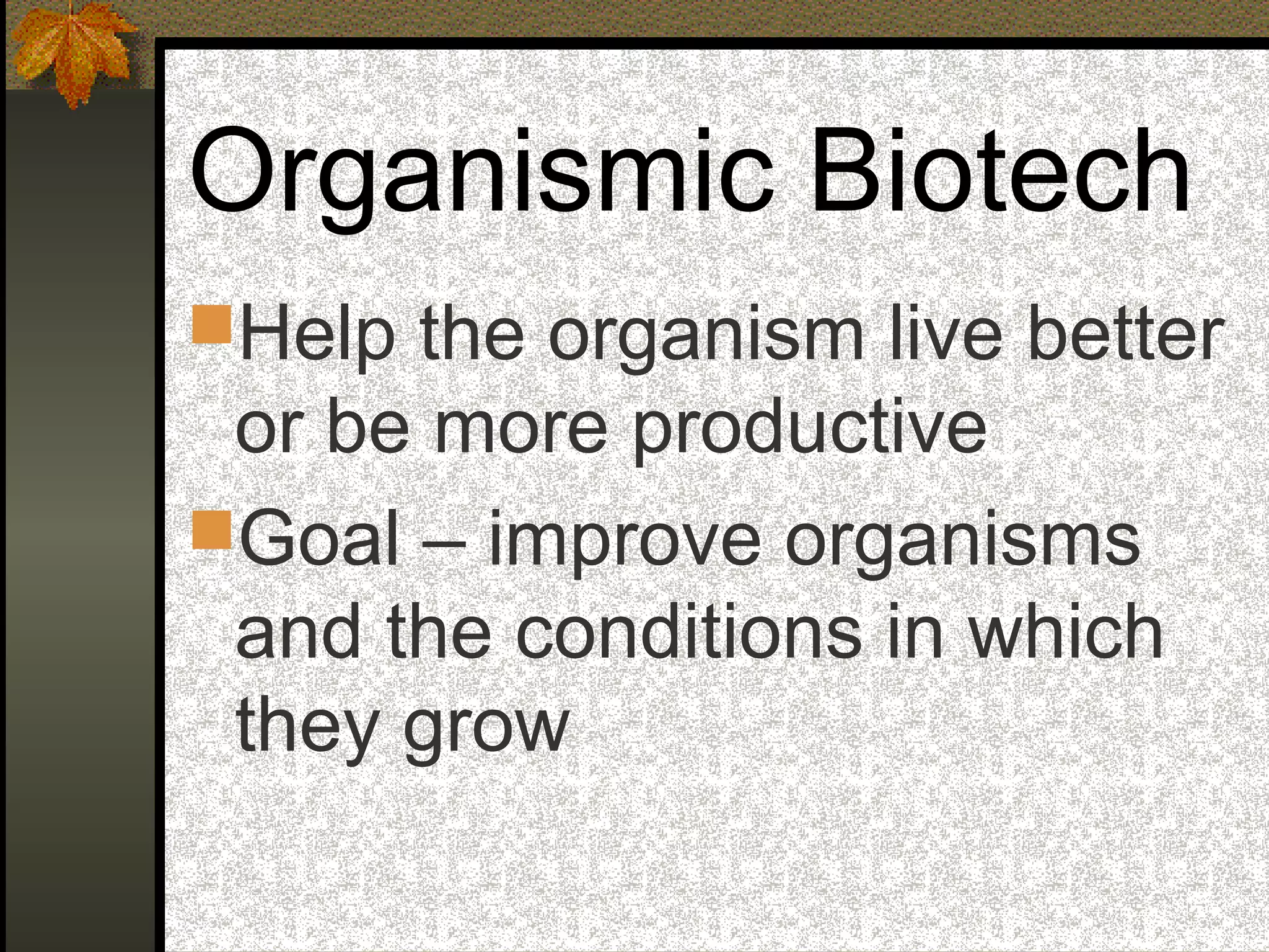 Organismic Biotech
Help the organism live better
or be more productive
Goal – improve organisms
and the conditions in which
they grow
 