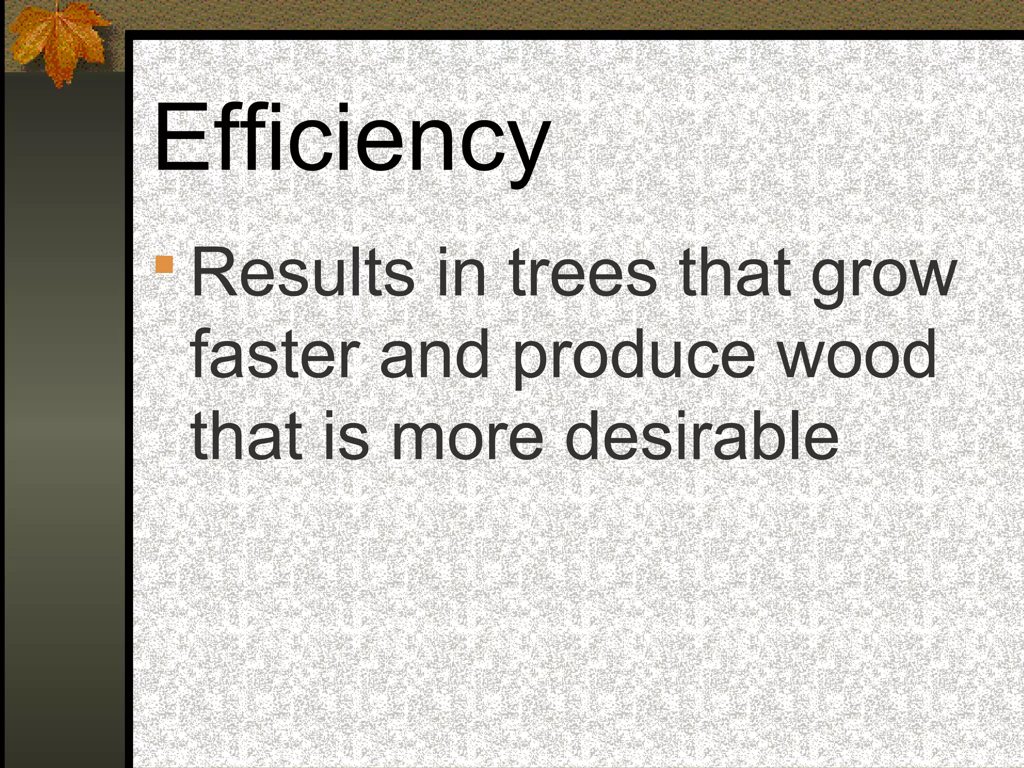 Efficiency
 Results in trees that grow
faster and produce wood
that is more desirable
 