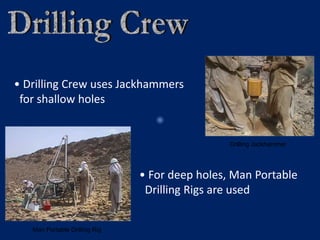 Drilling Jackhammer
• Drilling Crew uses Jackhammers
for shallow holes
Man Portable Drilling Rig
• For deep holes, Man Portable
Drilling Rigs are used
 