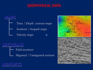 GEOPHYSICAL DATA
Time / Depth contour maps
Isochore / Isopach maps
Velocity maps
MAPS
SECTIONS
Field monitors
Migrated / Unmigrated sections
REPORTS
 