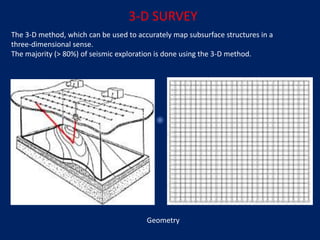 The 3-D method, which can be used to accurately map subsurface structures in a
three-dimensional sense.
The majority (> 80%) of seismic exploration is done using the 3-D method.
Geometry
3‐D SURVEY
 