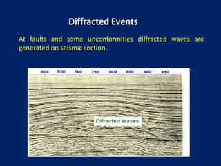 Diffracted Events
At faults and some unconformities diffracted waves are
generated on seismic section.
 
