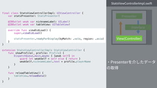 final class StatsViewControllerImpl: UIViewController {
var statsPresenter: StatsPresenter!
@IBOutlet weak var nicknameLabel: UILabel!
@IBOutlet weak var tableView: UITableView!
override func viewDidLoad() {
super.viewDidLoad()
statsPresenter.readyForDisplay(byMatch: .solo, region: .asia)
}
}
extension StatsViewControllerImpl: StatsViewController {
func showProfile(_ profile: Profile) {
DispatchQueue.main.async { [weak self] in
guard let weakSelf = self else { return }
weakSelf.nicknameLabel.text = profile.playerName
}
}
func reloadTableView() {
tableView.reloadData()
}
}
 