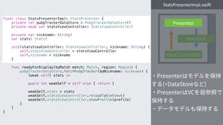 final class StatsPresenterImpl: StatsPresenter {
private let pubgTrackerDataStore = PubgTrackerDataStore()
private weak var statsViewController: StatsViewController!
private var nickname: String!
var stats: Stats!
init(statsViewController: StatsViewController, nickname: String) {
self.statsViewController = statsViewController
self.nickname = nickname
}
func readyForDisplay(byMatsh match: Match, region: Region) {
pubgTrackerDataStore.fetchPubgTracker(byNickname: nickname) {
[weak self] stats in
guard let weakSelf = self else { return }
weakSelf.stats = stats
weakSelf.statsViewController.reloadTableView()
weakSelf.statsViewController.showProfile(profile)
}
}
}
 