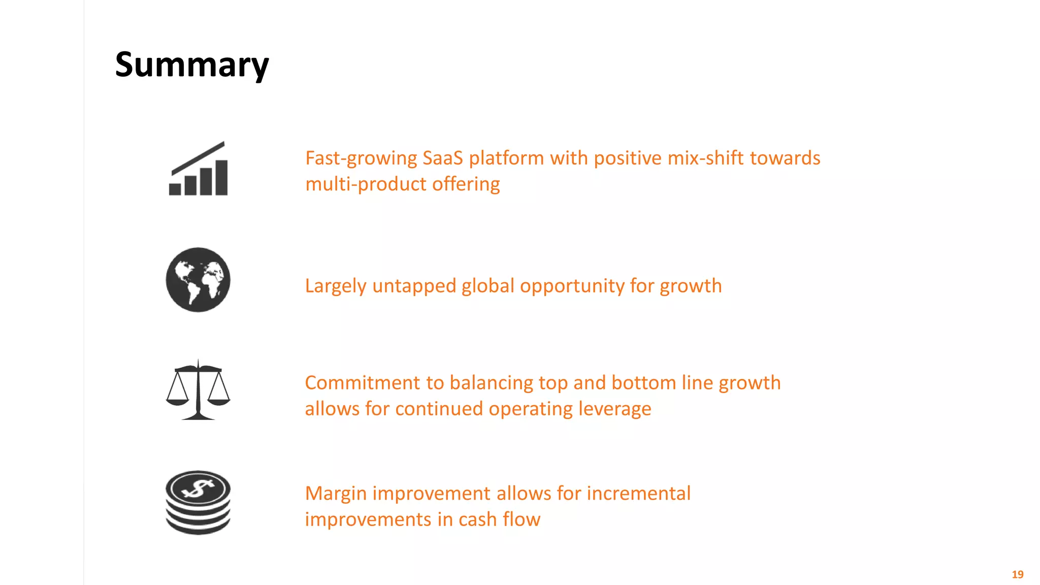 Summary
Fast-growing SaaS platform with positive mix-shift towards
multi-product offering
Largely untapped global opportunity for growth
Margin improvement allows for incremental
improvements in cash flow
Commitment to balancing top and bottom line growth
allows for continued operating leverage
19
 