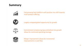 Summary
Fast-growing SaaS platform with positive mix-shift towards
multi-product offering
Largely untapped global opportunity for growth
Margin improvement allows for incremental
improvements in cash flow
Commitment to balancing top and bottom line growth
allows for continued operating leverage
19
 