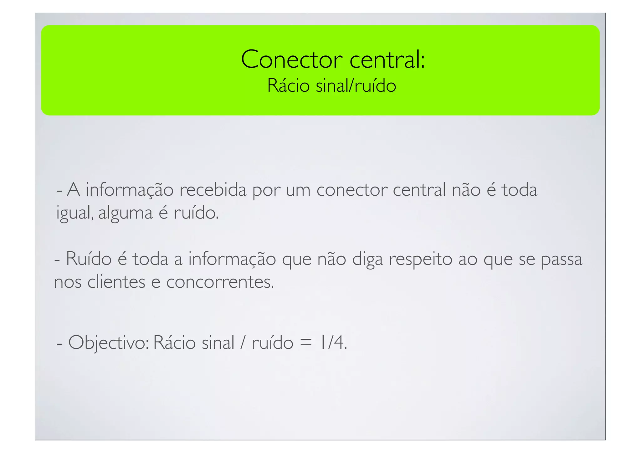 Conector central:
                            Rácio sinal/ruído




- A informação recebida por um conector central não é toda
igual, alguma é ruído.

- Ruído é toda a informação que não diga respeito ao que se passa
nos clientes e concorrentes.


- Objectivo: Rácio sinal / ruído = 1/4.
 