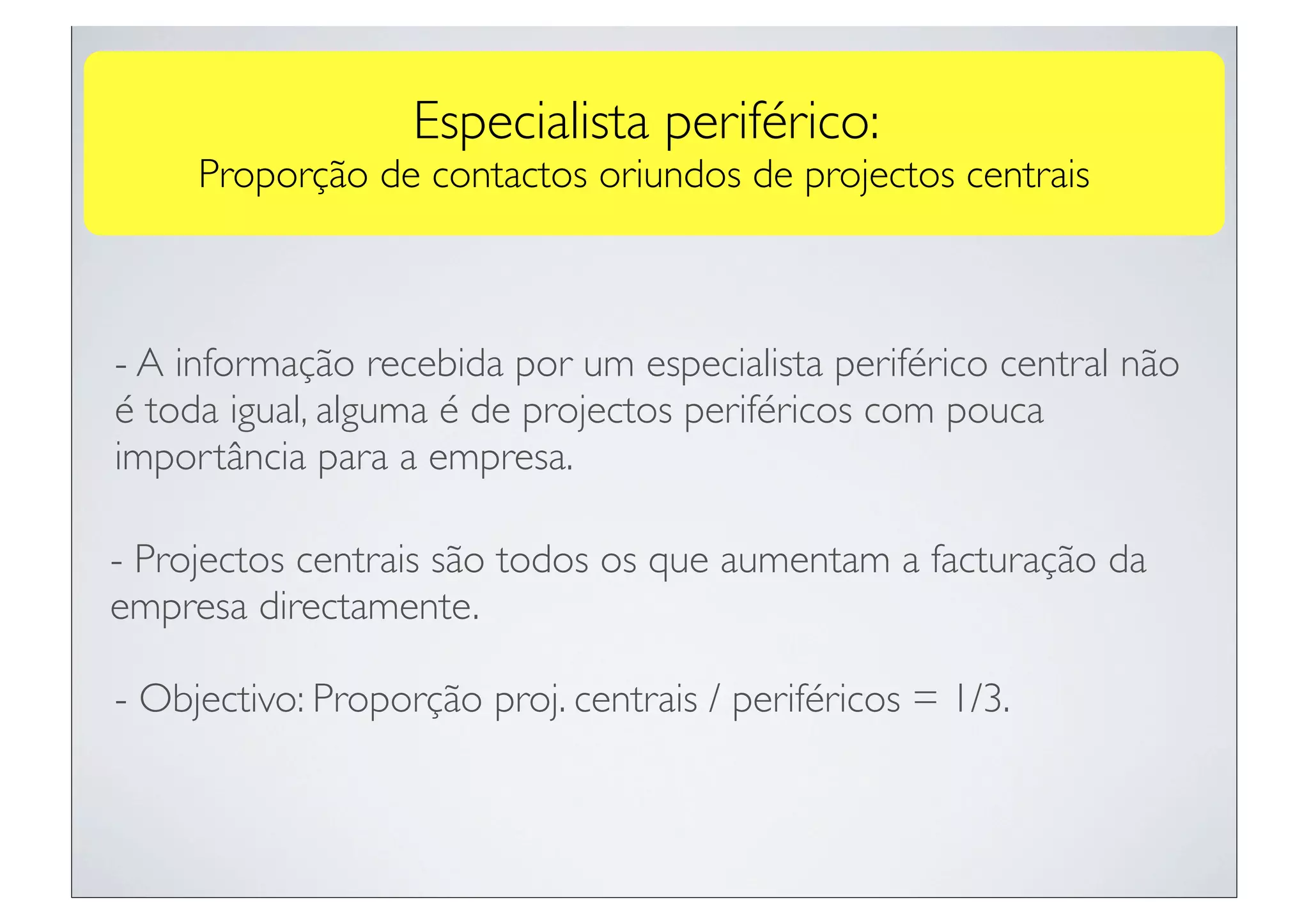Especialista periférico:
     Proporção de contactos oriundos de projectos centrais



- A informação recebida por um especialista periférico central não
é toda igual, alguma é de projectos periféricos com pouca
importância para a empresa.

- Projectos centrais são todos os que aumentam a facturação da
empresa directamente.

- Objectivo: Proporção proj. centrais / periféricos = 1/3.
 