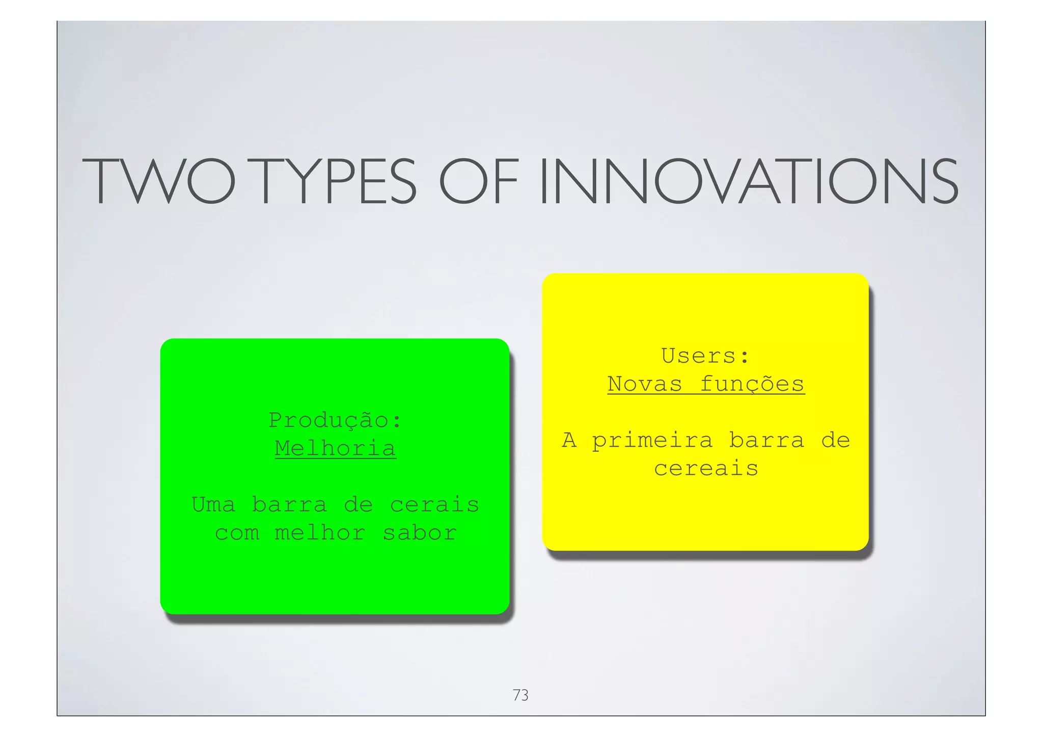 TWO TYPES OF INNOVATIONS

                                    Users:
                                Novas funções
       Produção:
        Melhoria             A primeira barra de
                                   cereais
  Uma barra de cerais
    com melhor sabor




                        73
 