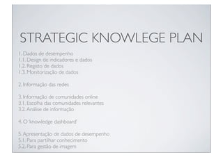 STRATEGIC KNOWLEGE PLAN
1. Dados de desempenho
1.1. Design de indicadores e dados
1.2. Registo de dados
1.3. Monitorização de dados

2. Informação das redes

3. Informação de comunidades online
3.1. Escolha das comunidades relevantes
3.2. Análise de informação

4. O ‘knowledge dashboard’

5. Apresentação de dados de desempenho
5.1. Para partilhar conhecimento
5.2. Para gestão de imagem
 