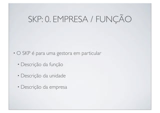 SKP: 0. EMPRESA / FUNÇÃO


•O   SKP é para uma gestora em particular

 • Descrição   da função

 • Descrição   da unidade

 • Descrição   da empresa
 
