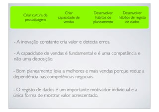Criar         Desenvolver     Desenvolver
    Criar cultura de
                       capacidade de      hábitos de   hábitos de registo
     prototipagem
                          vendas         planeamento       de dados




- A inovação constante cria valor e detecta erros.

- A capacidade de vendas é fundamental e é uma competência e
não uma disposição.

- Bom planeamento leva a melhores e mais vendas porque reduz a
dependência nas competências negociais.

- O registo de dados é um importante motivador individual e a
única forma de mostrar valor acrescentado.
 