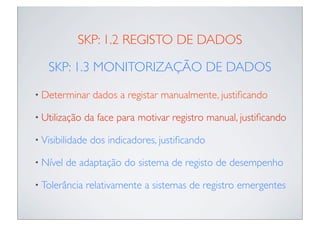 SKP: 1.2 REGISTO DE DADOS

   SKP: 1.3 MONITORIZAÇÃO DE DADOS
• Determinar     dados a registar manualmente, justiﬁcando

• Utilização   da face para motivar registro manual, justiﬁcando

• Visibilidade   dos indicadores, justiﬁcando

• Nível   de adaptação do sistema de registo de desempenho

• Tolerância   relativamente a sistemas de registro emergentes
 