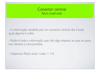 Conector central:
                            Rácio sinal/ruído




- A informação recebida por um conector central não é toda
igual, alguma é ruído.

- Ruído é toda a informação que não diga respeito ao que se passa
nos clientes e concorrentes.


- Objectivo: Rácio sinal / ruído = 1/4.
 