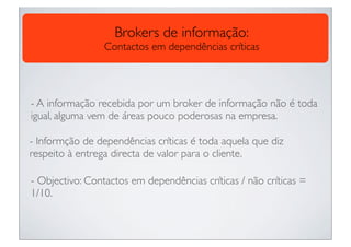 Brokers de informação:
                 Contactos em dependências críticas




- A informação recebida por um broker de informação não é toda
igual, alguma vem de áreas pouco poderosas na empresa.

- Informção de dependências críticas é toda aquela que diz
respeito à entrega directa de valor para o cliente.

- Objectivo: Contactos em dependências críticas / não críticas =
1/10.
 