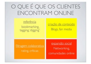 O QUE É QUE OS CLIENTES
  ENCONTRAM ONLINE
       referência
                         criação de conteúdo
     bookmarking,
    tagging, ‘digging’      Blogs, fan media



                           expansão social
 ﬁltragem colaborativa
                            Networking,
      rating, críticas
                         comunidades online
 
