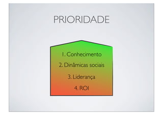 PRIORIDADE


 1. Conhecimento
2. Dinâmicas sociais
   3. Liderança
      4. ROI
 