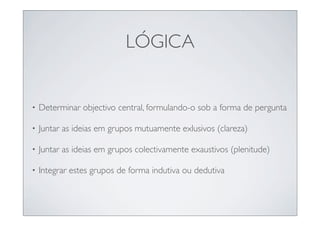 LÓGICA


•   Determinar objectivo central, formulando-o sob a forma de pergunta

•   Juntar as ideias em grupos mutuamente exlusivos (clareza)

•   Juntar as ideias em grupos colectivamente exaustivos (plenitude)

•   Integrar estes grupos de forma indutiva ou dedutiva
 
