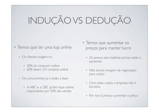 INDUÇÃO VS DEDUÇÃO

                                                •   Temos que aumentar os
•   Temos que ter uma loja online                   preços para manter lucro
    •   Os clientes exigem-no                       •   Os preços das matérias primas estão a
                                                        aumentar
        •   30% só compram online
        •   60% fazem 2/3 compras online            •   Não temos margem de negociação
                                                        para custos
    •   Os concorrentes já o estão a fazer
                                                    •   Com estes custos a empresa não é
        •   A ABC e a CBC já têm lojas online           lucrativa
            responsáveis por 50% das vendas
                                                    •   Por isso é preciso aumentar o preço
 
