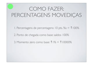 COMO FAZER:
PERCENTAGENS MOVEDIÇAS

1. Percentagens de percentagens: 10 pts. %s = ↑100%

2. Ponto de chegada como base: saldos 100%

3. Momento zero como base: ↑1% = ↑10000%
 