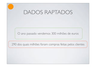 DADOS RAPTADOS


    O ano passado vendemos 300 milhões de euros


290 dos quais milhões foram compras feitas pelos clientes
 