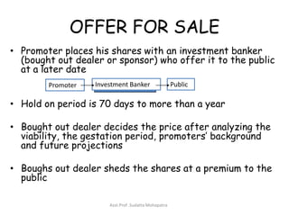 OFFER FOR SALE
• Promoter places his shares with an investment banker
  (bought out dealer or sponsor) who offer it to the public
  at a later date
        Promoter   Investment Banker                  Public

• Hold on period is 70 days to more than a year

• Bought out dealer decides the price after analyzing the
  viability, the gestation period, promoters’ background
  and future projections

• Boughs out dealer sheds the shares at a premium to the
  public

                       Asst.Prof .Sudatta Mohapatra
 