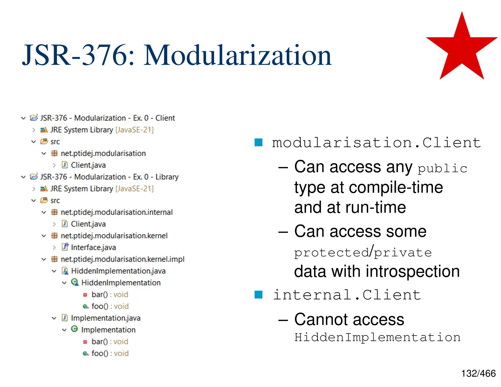 132/466 JSR-376: Modularization  modularisation.Client – Can access any public type at compile-time and at run-time – Can access some protected/private data with introspection  internal.Client – Cannot access HiddenImplementation 