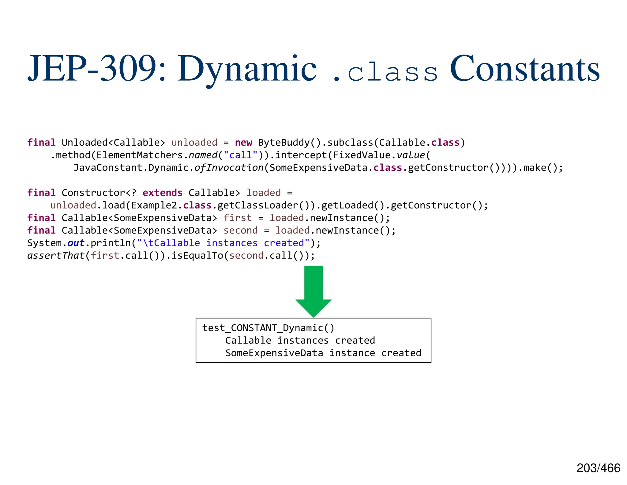 203/466 JEP-309: Dynamic .class Constants final Unloaded<Callable> unloaded = new ByteBuddy().subclass(Callable.class) .method(ElementMatchers.named("call")).intercept(FixedValue.value( JavaConstant.Dynamic.ofInvocation(SomeExpensiveData.class.getConstructor()))).make(); final Constructor<? extends Callable> loaded = unloaded.load(Example2.class.getClassLoader()).getLoaded().getConstructor(); final Callable<SomeExpensiveData> first = loaded.newInstance(); final Callable<SomeExpensiveData> second = loaded.newInstance(); System.out.println("tCallable instances created"); assertThat(first.call()).isEqualTo(second.call()); test_CONSTANT_Dynamic() Callable instances created SomeExpensiveData instance created 