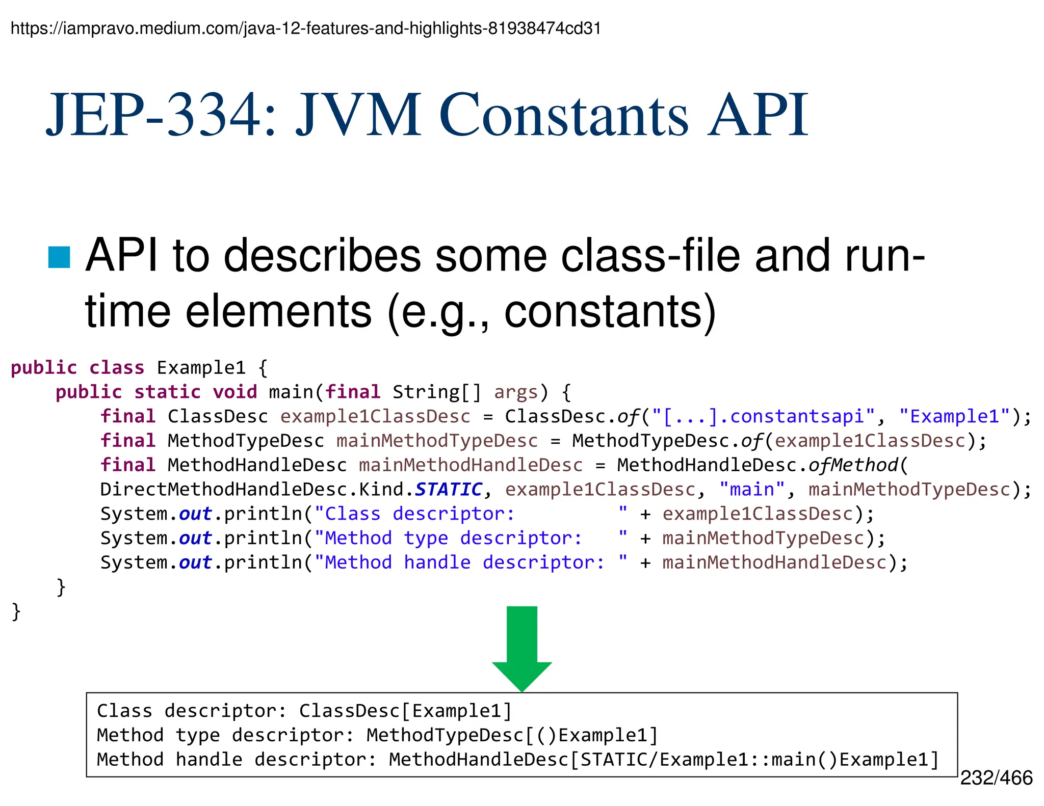 232/466 JEP-334: JVM Constants API  API to describes some class-file and run- time elements (e.g., constants) https://iampravo.medium.com/java-12-features-and-highlights-81938474cd31 public class Example1 { public static void main(final String[] args) { final ClassDesc example1ClassDesc = ClassDesc.of("[...].constantsapi", "Example1"); final MethodTypeDesc mainMethodTypeDesc = MethodTypeDesc.of(example1ClassDesc); final MethodHandleDesc mainMethodHandleDesc = MethodHandleDesc.ofMethod( DirectMethodHandleDesc.Kind.STATIC, example1ClassDesc, "main", mainMethodTypeDesc); System.out.println("Class descriptor: " + example1ClassDesc); System.out.println("Method type descriptor: " + mainMethodTypeDesc); System.out.println("Method handle descriptor: " + mainMethodHandleDesc); } } Class descriptor: ClassDesc[Example1] Method type descriptor: MethodTypeDesc[()Example1] Method handle descriptor: MethodHandleDesc[STATIC/Example1::main()Example1] 