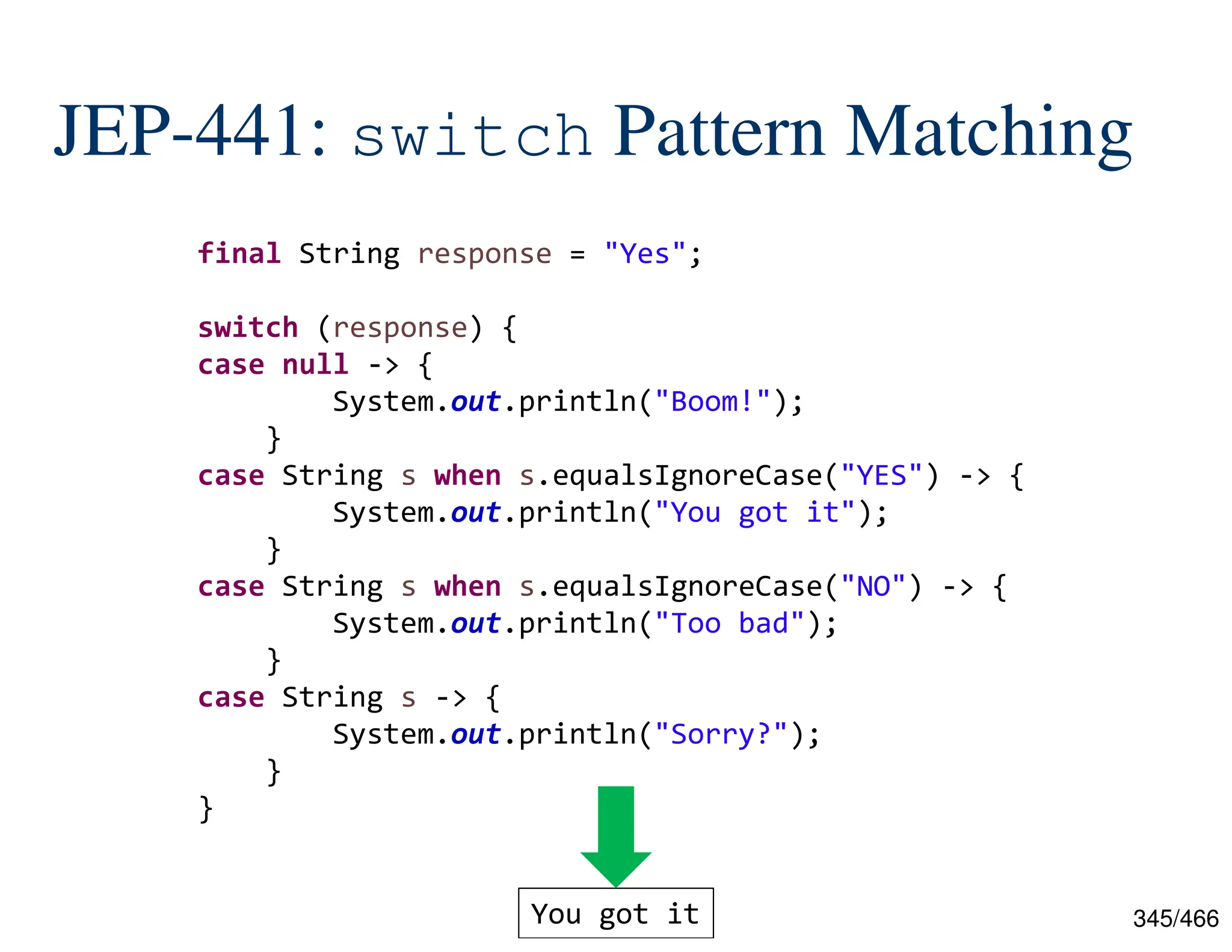 345/466 JEP-441: switch Pattern Matching final String response = "Yes"; switch (response) { case null -> { System.out.println("Boom!"); } case String s when s.equalsIgnoreCase("YES") -> { System.out.println("You got it"); } case String s when s.equalsIgnoreCase("NO") -> { System.out.println("Too bad"); } case String s -> { System.out.println("Sorry?"); } } You got it 