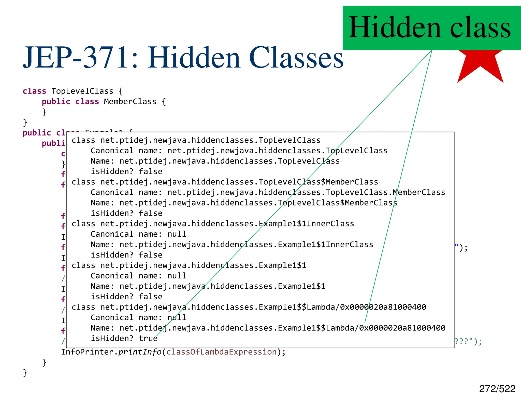 272/522 JEP-371: Hidden Classes class TopLevelClass { public class MemberClass { } } public class Example1 { public static void main(final String[] args) throws ClassNotFoundException { class InnerClass { } final InnerClass innerClass = new InnerClass(); final Callable<String> anonynmousClass = new Callable<String>() { @Override public String call() throws Exception { return null; }}; final Callable<String> lambdaExpression = () -> null; final Class<?> classOfClazz = Class.forName("[...].TopLevelClass"); InfoPrinter.printInfo(classOfClazz); final Class<?> classOfMemberClass = Class.forName("[...].TopLevelClass$MemberClass"); InfoPrinter.printInfo(classOfMemberClass); final Class<?> classOfInnerClass = innerClass.getClass(); // final Class<?> classOfInnerClass = Class.forName("[...].Example1$1InnerClass"); InfoPrinter.printInfo(classOfInnerClass); final Class<?> classOfAnonymousClass = anonynmousClass.getClass(); // final Class<?> classOfAnonymousClass = Class.forName("[...].Example1$1"); InfoPrinter.printInfo(classOfAnonymousClass); final Class<?> classOfLambdaExpression = lambdaExpression.getClass(); // final Class<?> classOfLambdaExpression = Class.forName("[...].Example1$$Lambda/???"); InfoPrinter.printInfo(classOfLambdaExpression); } } class net.ptidej.newjava.hiddenclasses.TopLevelClass Canonical name: net.ptidej.newjava.hiddenclasses.TopLevelClass Name: net.ptidej.newjava.hiddenclasses.TopLevelClass isHidden? false class net.ptidej.newjava.hiddenclasses.TopLevelClass$MemberClass Canonical name: net.ptidej.newjava.hiddenclasses.TopLevelClass.MemberClass Name: net.ptidej.newjava.hiddenclasses.TopLevelClass$MemberClass isHidden? false class net.ptidej.newjava.hiddenclasses.Example1$1InnerClass Canonical name: null Name: net.ptidej.newjava.hiddenclasses.Example1$1InnerClass isHidden? false class net.ptidej.newjava.hiddenclasses.Example1$1 Canonical name: null Name: net.ptidej.newjava.hiddenclasses.Example1$1 isHidden? false class net.ptidej.newjava.hiddenclasses.Example1$$Lambda/0x0000020a81000400 Canonical name: null Name: net.ptidej.newjava.hiddenclasses.Example1$$Lambda/0x0000020a81000400 isHidden? true Hidden class 