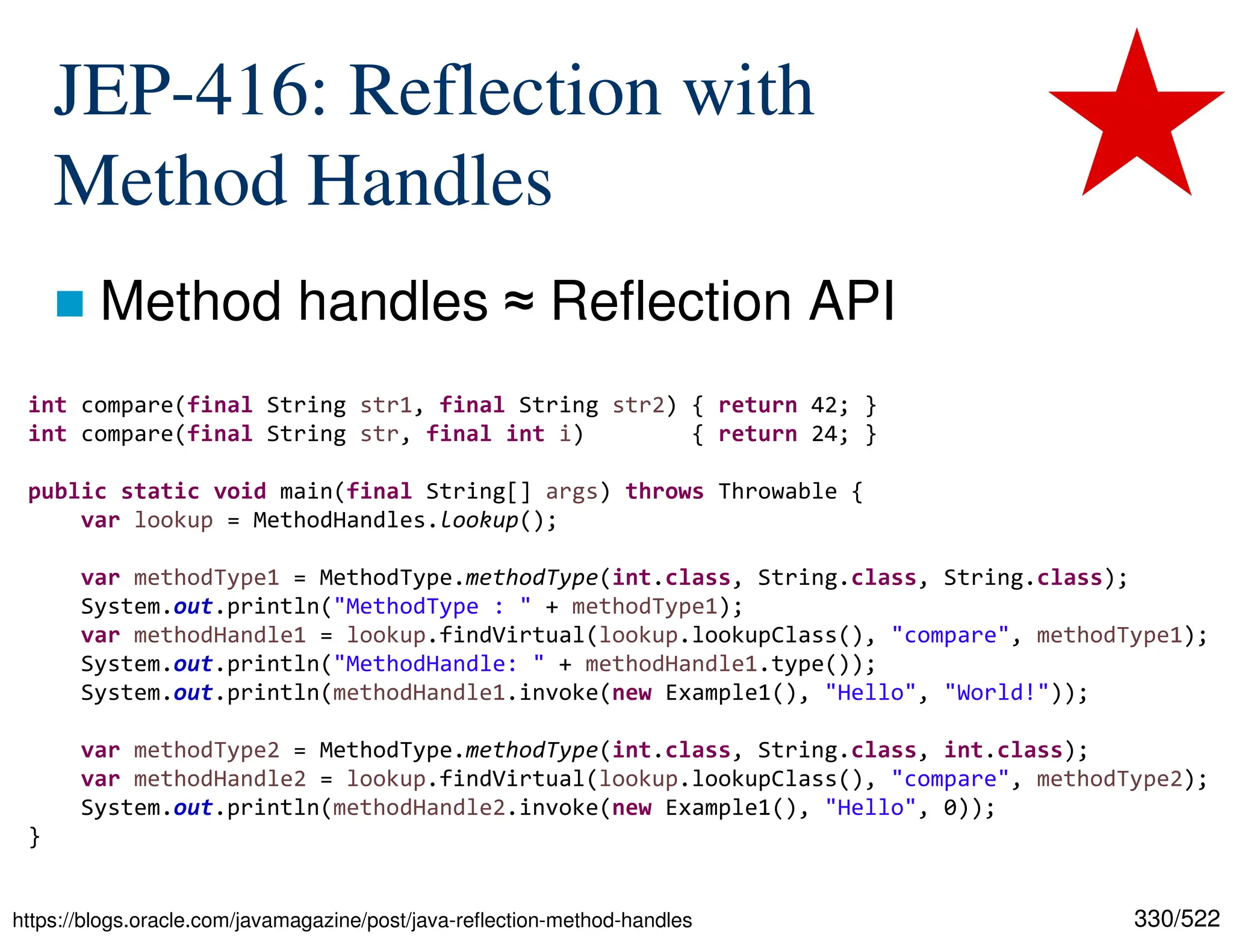 330/522 JEP-416: Reflection with Method Handles  Method handles ≈ Reflection API https://blogs.oracle.com/javamagazine/post/java-reflection-method-handles int compare(final String str1, final String str2) { return 42; } int compare(final String str, final int i) { return 24; } public static void main(final String[] args) throws Throwable { var lookup = MethodHandles.lookup(); var methodType1 = MethodType.methodType(int.class, String.class, String.class); System.out.println("MethodType : " + methodType1); var methodHandle1 = lookup.findVirtual(lookup.lookupClass(), "compare", methodType1); System.out.println("MethodHandle: " + methodHandle1.type()); System.out.println(methodHandle1.invoke(new Example1(), "Hello", "World!")); var methodType2 = MethodType.methodType(int.class, String.class, int.class); var methodHandle2 = lookup.findVirtual(lookup.lookupClass(), "compare", methodType2); System.out.println(methodHandle2.invoke(new Example1(), "Hello", 0)); } 