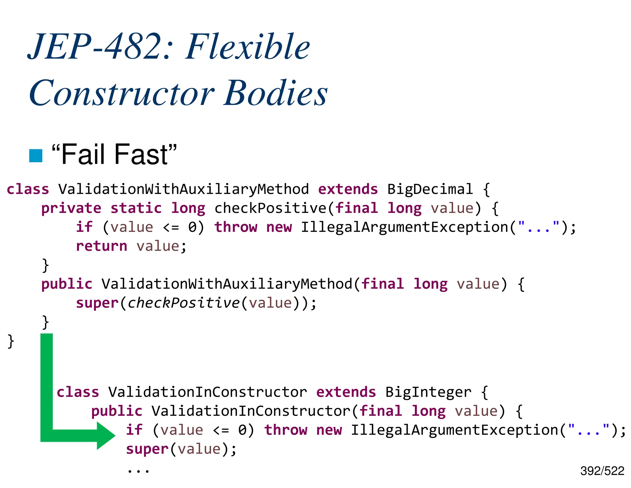 392/522 JEP-482: Flexible Constructor Bodies  “Fail Fast” class ValidationWithAuxiliaryMethod extends BigDecimal { private static long checkPositive(final long value) { if (value <= 0) throw new IllegalArgumentException("..."); return value; } public ValidationWithAuxiliaryMethod(final long value) { super(checkPositive(value)); } } class ValidationInConstructor extends BigInteger { public ValidationInConstructor(final long value) { if (value <= 0) throw new IllegalArgumentException("..."); super(value); ... 
