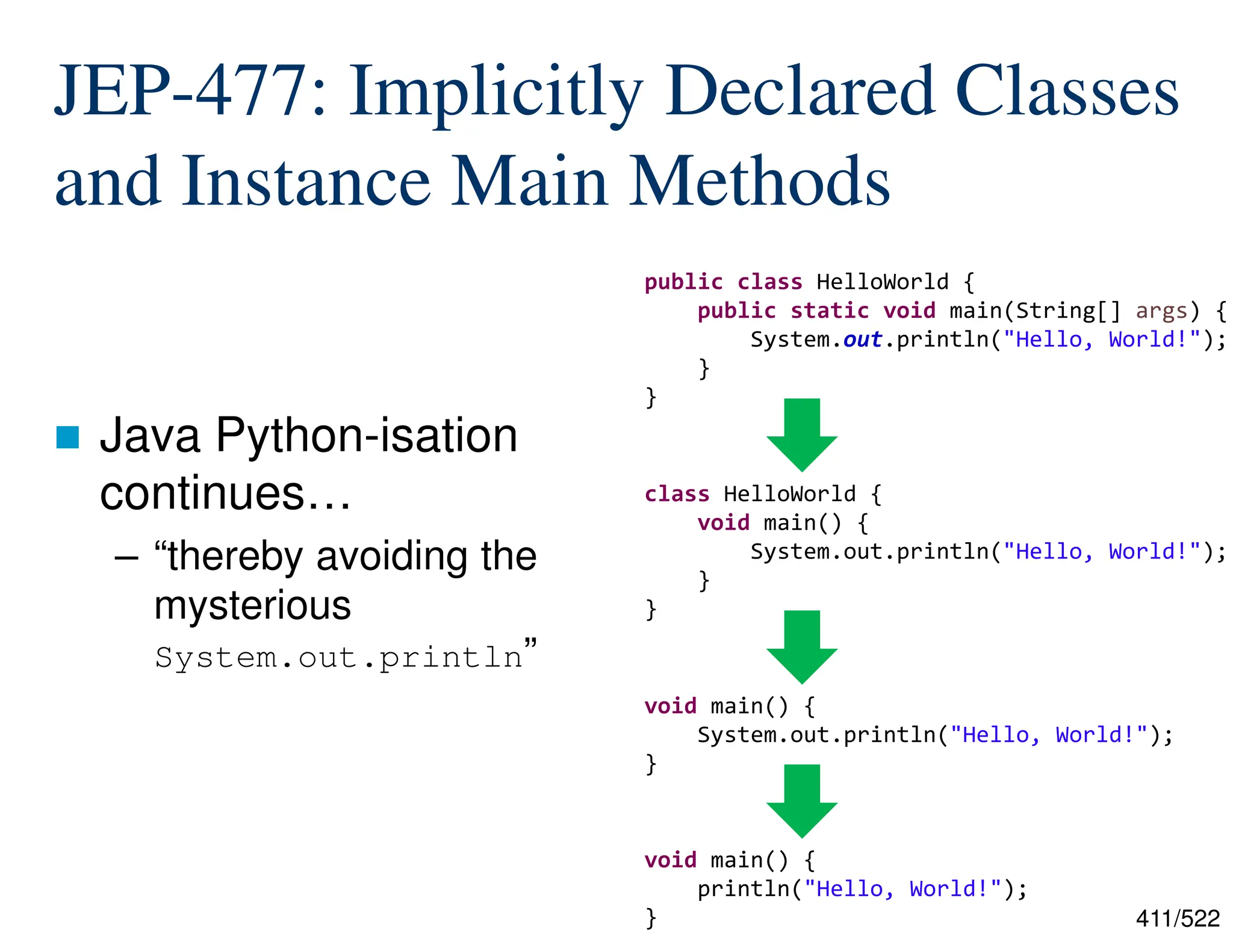 411/522 JEP-477: Implicitly Declared Classes and Instance Main Methods  Java Python-isation continues… – “thereby avoiding the mysterious System.out.println” public class HelloWorld { public static void main(String[] args) { System.out.println("Hello, World!"); } } class HelloWorld { void main() { System.out.println("Hello, World!"); } } void main() { println("Hello, World!"); } void main() { System.out.println("Hello, World!"); } 