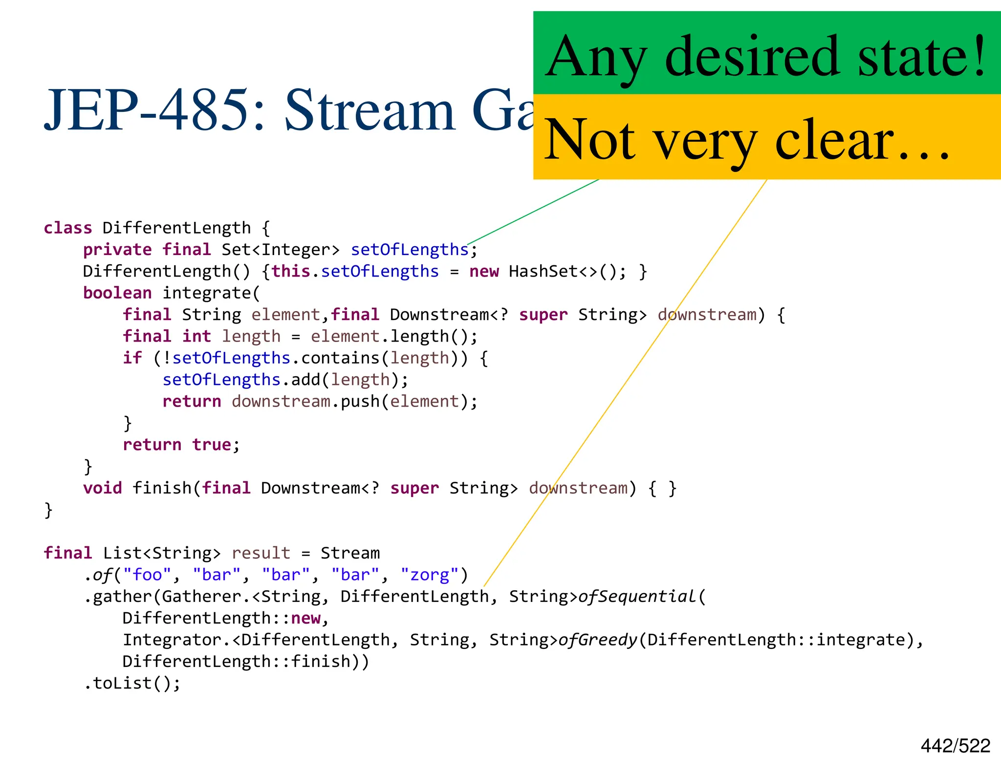 442/522 JEP-485: Stream Gatherers class DifferentLength { private final Set<Integer> setOfLengths; DifferentLength() {this.setOfLengths = new HashSet<>(); } boolean integrate( final String element,final Downstream<? super String> downstream) { final int length = element.length(); if (!setOfLengths.contains(length)) { setOfLengths.add(length); return downstream.push(element); } return true; } void finish(final Downstream<? super String> downstream) { } } final List<String> result = Stream .of("foo", "bar", "bar", "bar", "zorg") .gather(Gatherer.<String, DifferentLength, String>ofSequential( DifferentLength::new, Integrator.<DifferentLength, String, String>ofGreedy(DifferentLength::integrate), DifferentLength::finish)) .toList(); Any desired state! Not very clear… 
