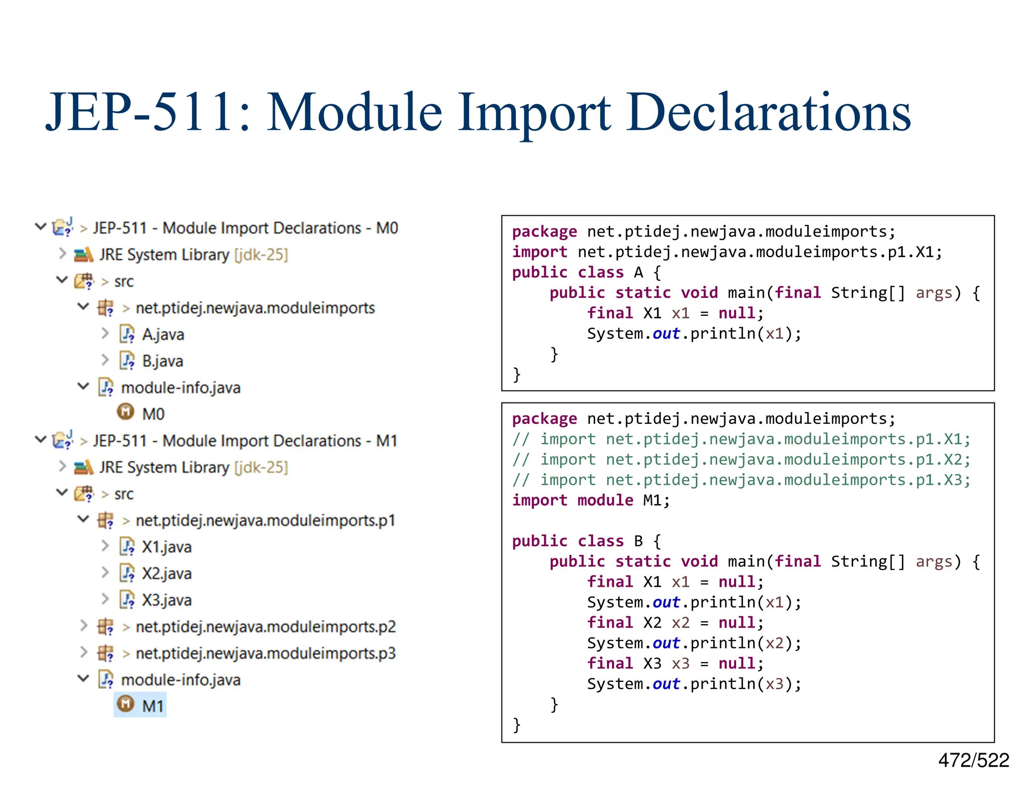 472/522 JEP-511: Module Import Declarations package net.ptidej.newjava.moduleimports; import net.ptidej.newjava.moduleimports.p1.X1; public class A { public static void main(final String[] args) { final X1 x1 = null; System.out.println(x1); } } package net.ptidej.newjava.moduleimports; // import net.ptidej.newjava.moduleimports.p1.X1; // import net.ptidej.newjava.moduleimports.p1.X2; // import net.ptidej.newjava.moduleimports.p1.X3; import module M1; public class B { public static void main(final String[] args) { final X1 x1 = null; System.out.println(x1); final X2 x2 = null; System.out.println(x2); final X3 x3 = null; System.out.println(x3); } } 