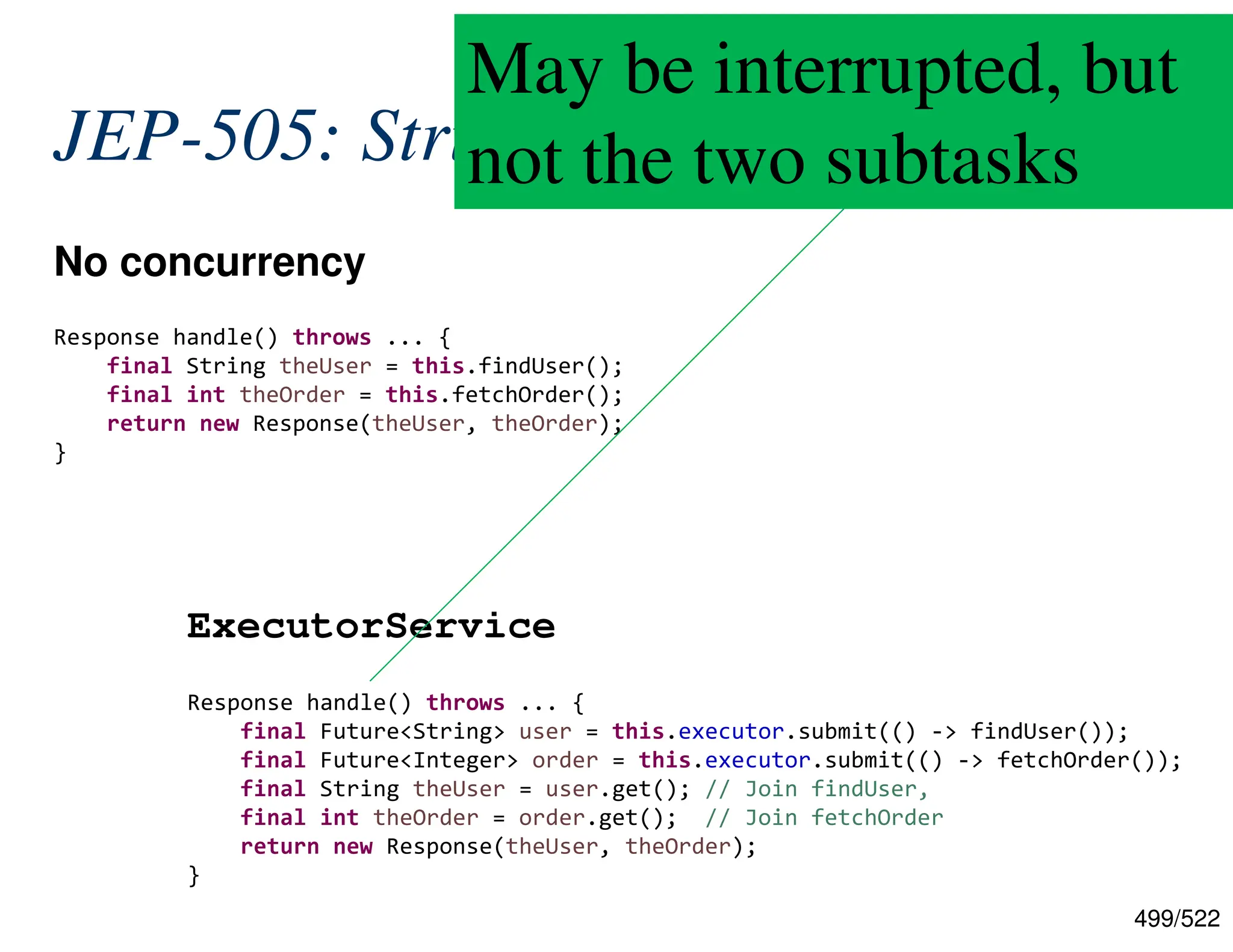 499/522 JEP-505: Structured Concurrency No concurrency ExecutorService Response handle() throws ... { final String theUser = this.findUser(); final int theOrder = this.fetchOrder(); return new Response(theUser, theOrder); } Response handle() throws ... { final Future<String> user = this.executor.submit(() -> findUser()); final Future<Integer> order = this.executor.submit(() -> fetchOrder()); final String theUser = user.get(); // Join findUser, final int theOrder = order.get(); // Join fetchOrder return new Response(theUser, theOrder); } May be interrupted, but not the two subtasks 