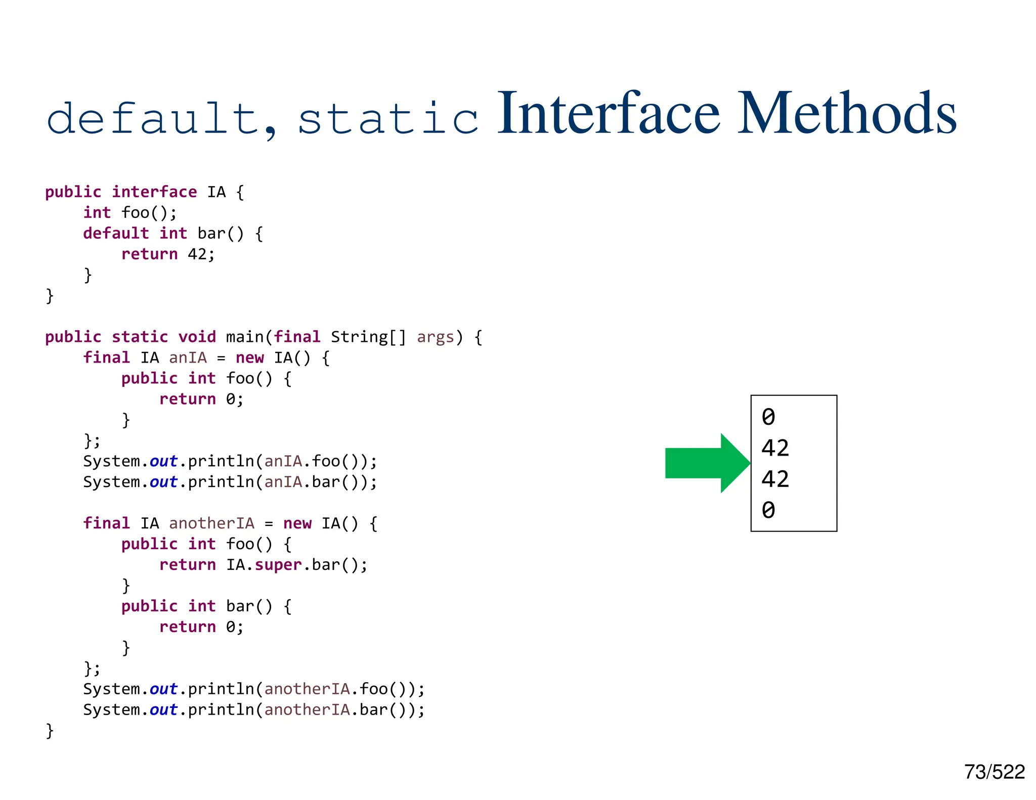 73/522 default, static Interface Methods public interface IA { int foo(); default int bar() { return 42; } } public static void main(final String[] args) { final IA anIA = new IA() { public int foo() { return 0; } }; System.out.println(anIA.foo()); System.out.println(anIA.bar()); final IA anotherIA = new IA() { public int foo() { return IA.super.bar(); } public int bar() { return 0; } }; System.out.println(anotherIA.foo()); System.out.println(anotherIA.bar()); } 0 42 42 0 